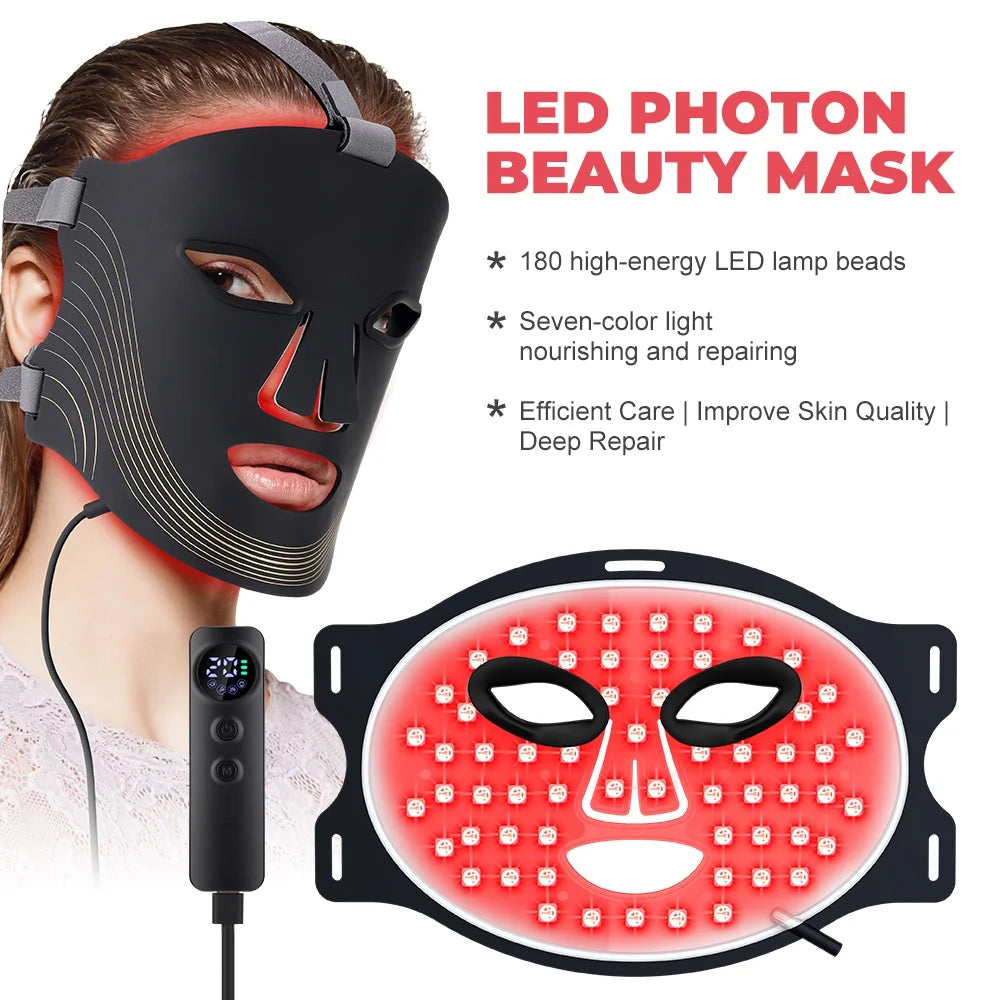 Red Light Therapy for Face, 7 Modes Portable Led Face Mask Light Therapy with Remote, Red Light Mask with Timing Function, Led Light Therapy at Home 180 LED Beads , Black