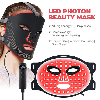 Red Light Therapy for Face, 7 Modes Portable Led Face Mask Light Therapy with Remote, Red Light Mask with Timing Function, Led Light Therapy at Home 180 LED Beads , Black